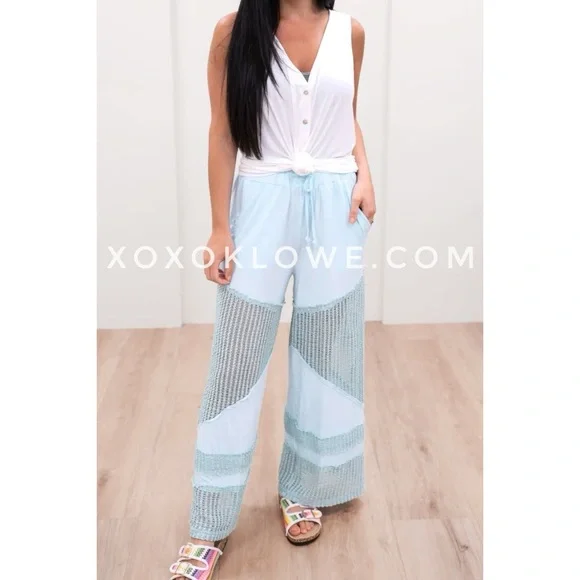 POL Baby Blue Flowy Wide Leg Rayon Jersey Palazzo Pants - Picture 9 of 10